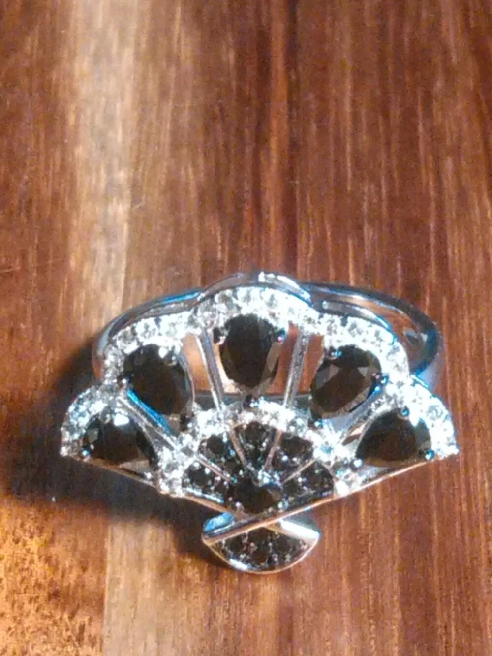 Black Spinel Rhodium over Sterling Silver Fan Ring (Size 7)